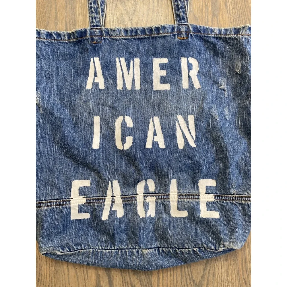 American Eagle Denim Distressed Tote Bag Blue White Logo Spell Out
